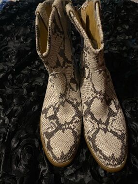 Born Snake-Print Ankle Boots in Beige and Dark Brown